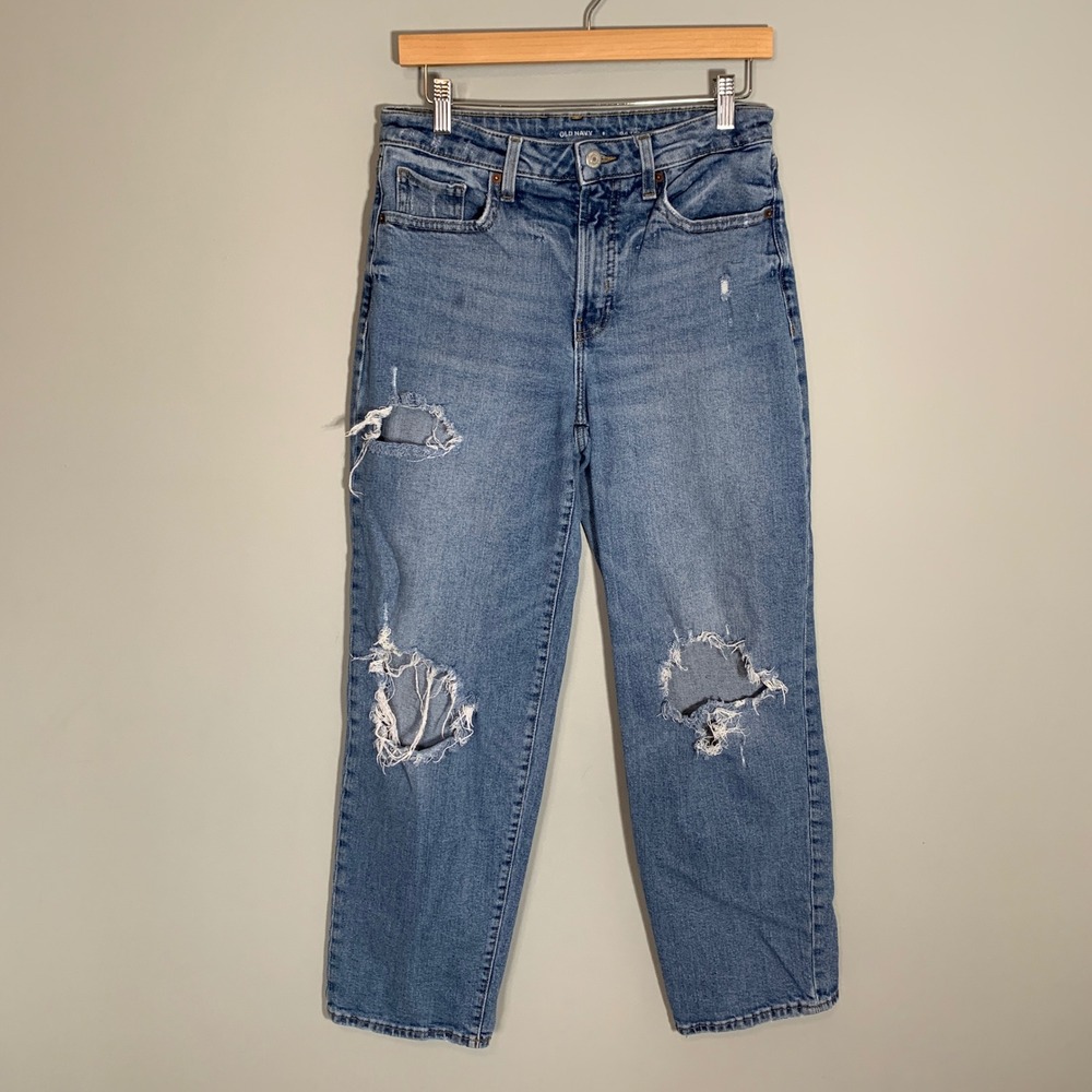Old Navy OG Loose High Rise Distressed Straight Leg Jeans Medium Wash‎ Size 8